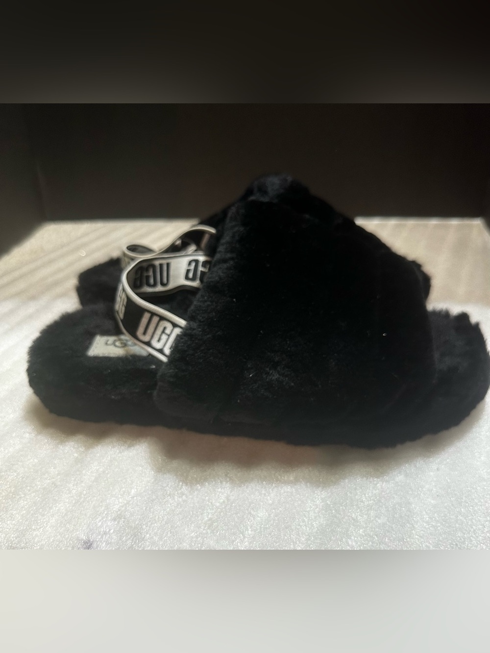 UGG Black Plush Fur Slide Mules with Branded Heel Strap